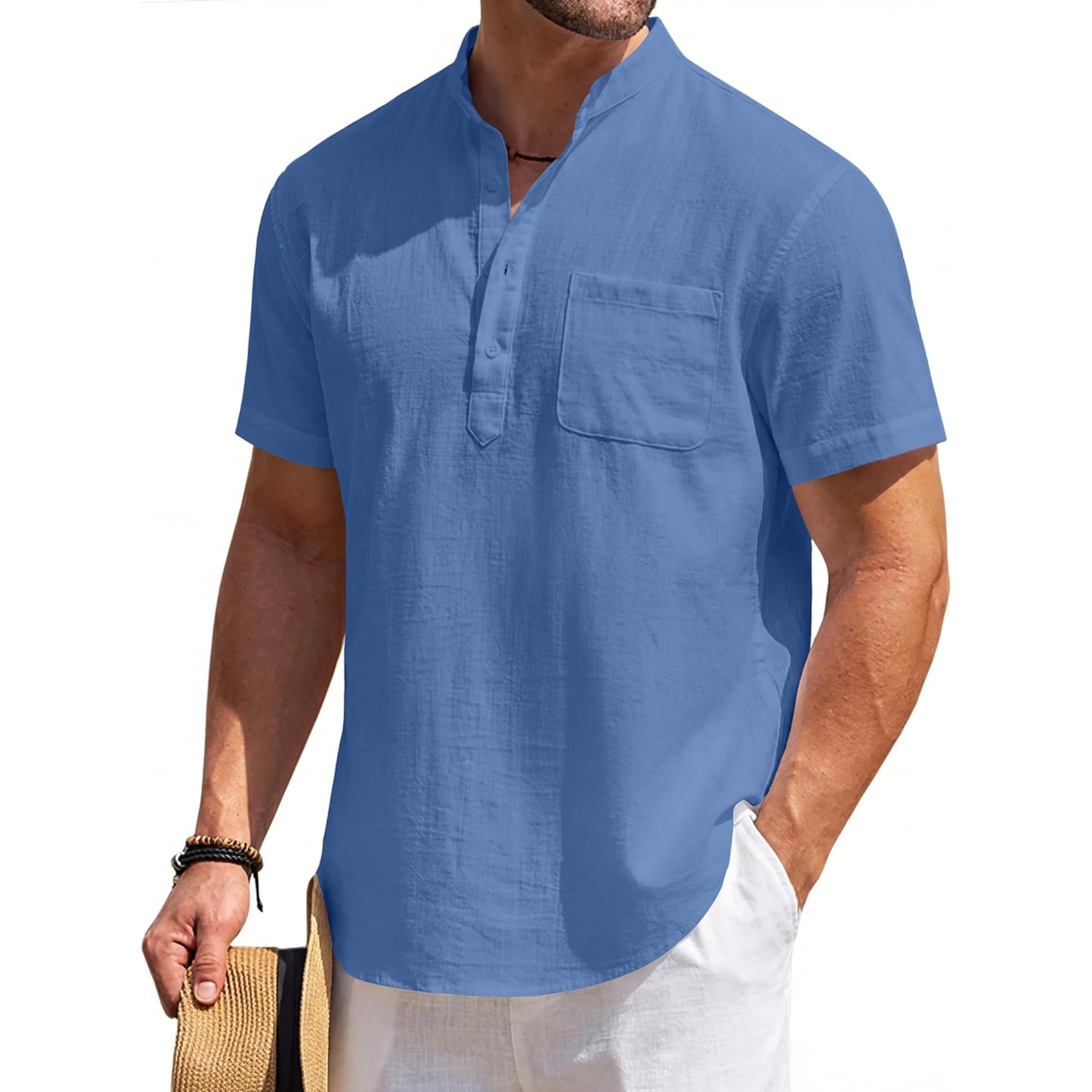 Casual Linen Henley Beach Shirt With Pocket