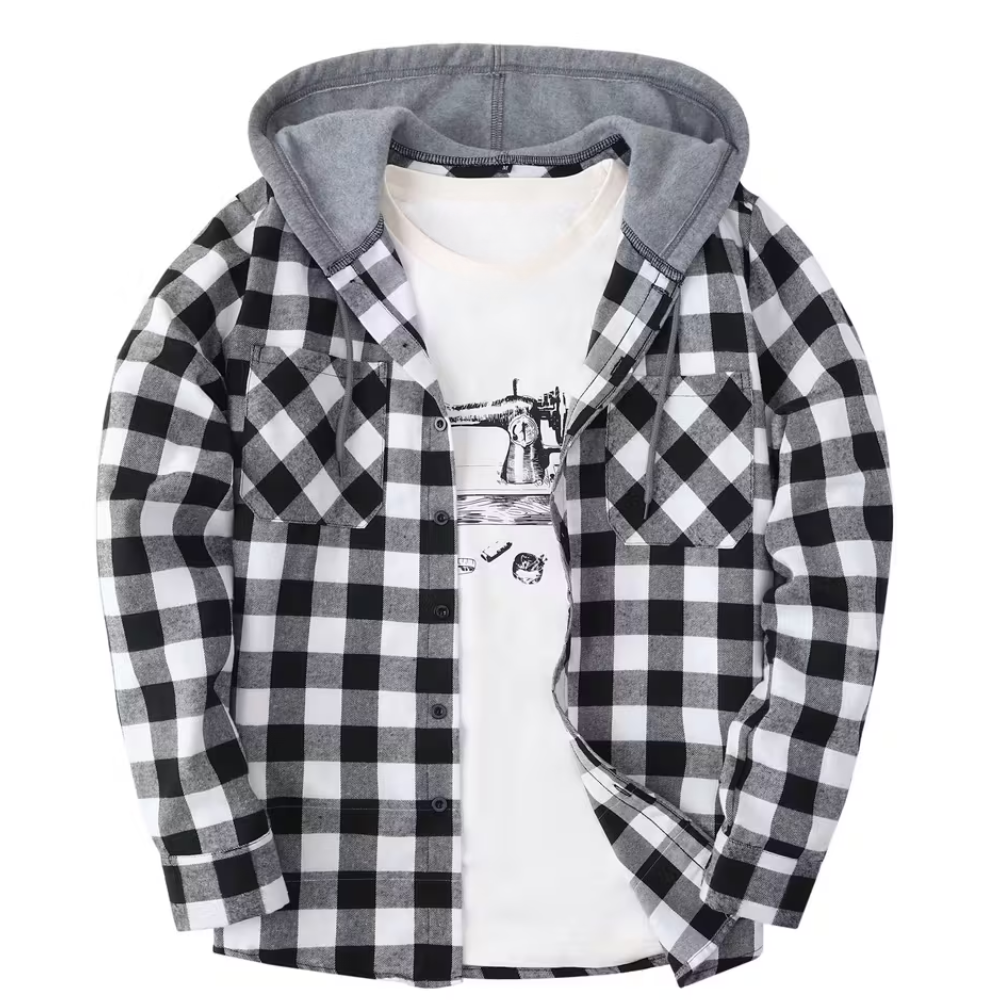 Checkered Button Front Jacket With Hood For Men