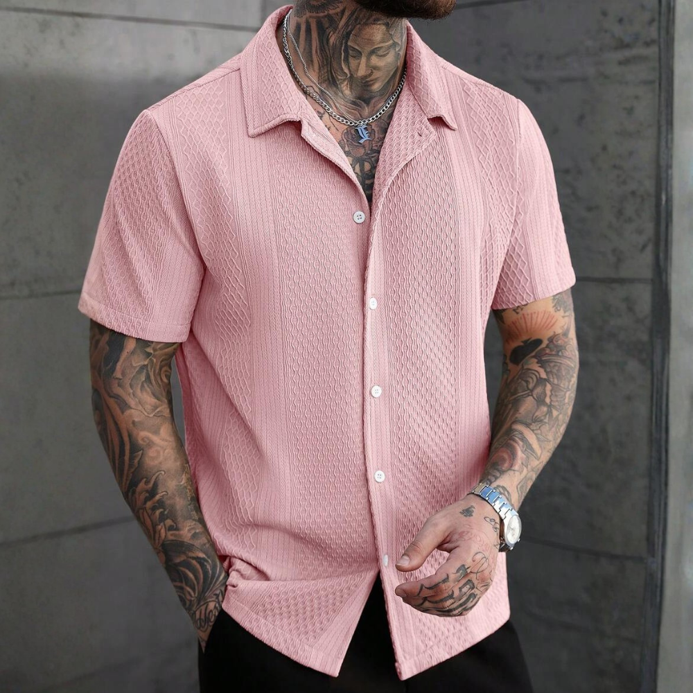Solid Jacquard Knit Short Sleeve Shirt For Men