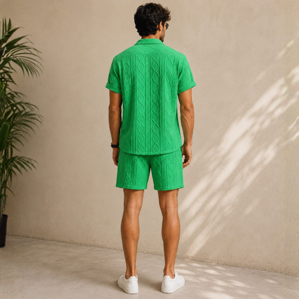 Waffle Knit Button Down Shirt and Shorts Set For Men