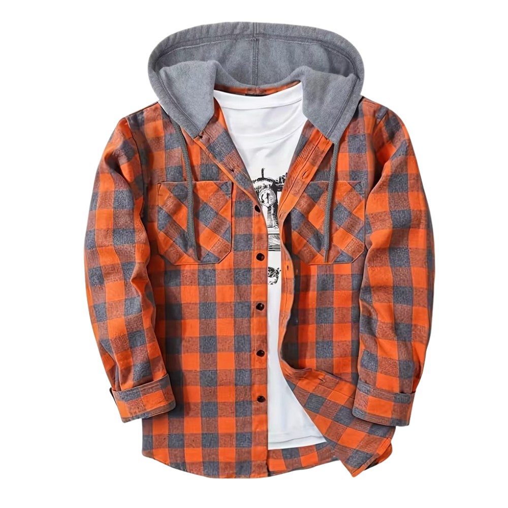 Plaid Hooded Jacket With Button Front And Long Sleeves
