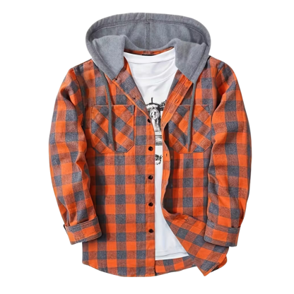 Plaid Hooded Jacket With Button Front And Long Sleeves