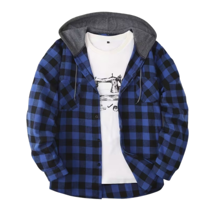 Plaid Hooded Jacket With Button Front And Long Sleeves