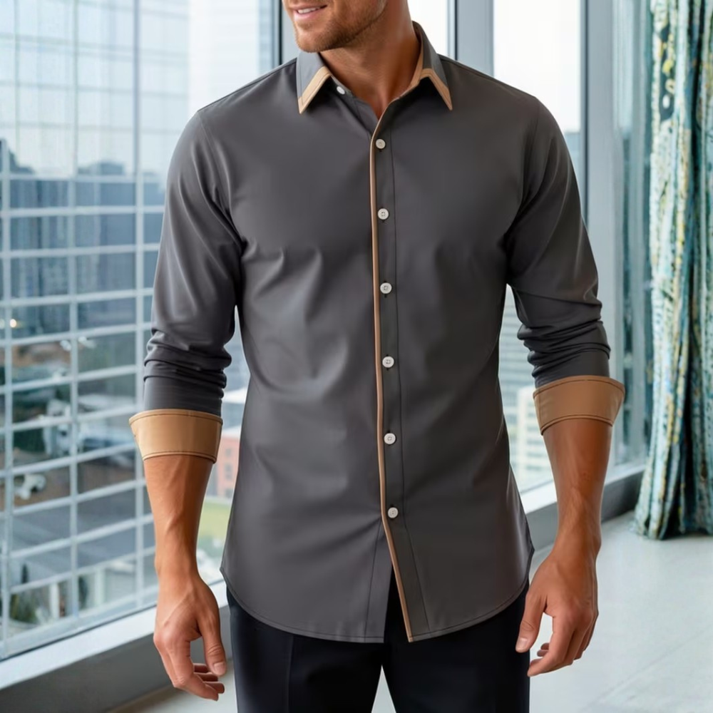 Casual Long Sleeve Shirt With Contrast Color Statement Trim For Men