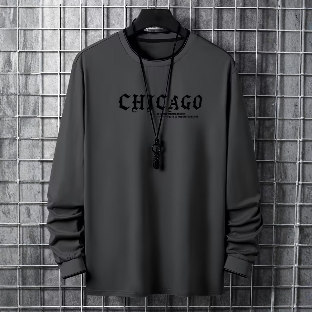 Chicago Letter Graphic Print Long Sleeve Casual T Shirt For Men