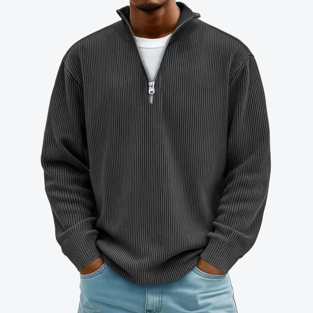 Men Corduroy Zipper Stand Collar Sweatshirt