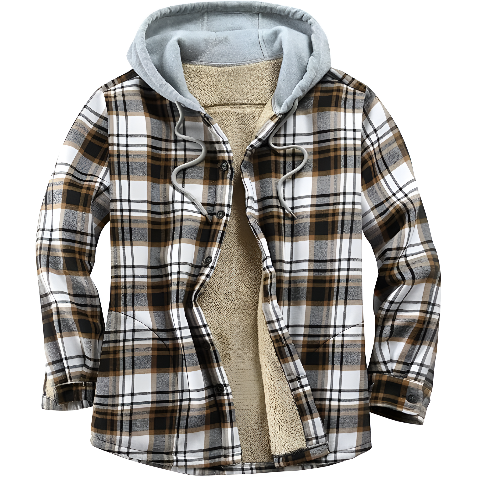 Men's Cotton Plaid Shirts Jacket Fleece Lined Flannel Shirts Sherpa Button Down Jackets with Hood for Men