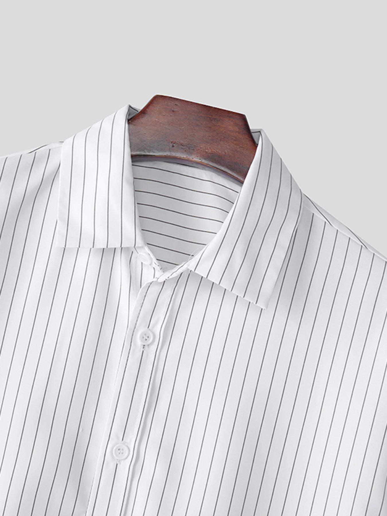 Men's Minimalist Striped Long Sleeve Button Up Shirt, Casual Lapel Button Front Cropped Top for All Season, Fashion Men's Clothes for Daily Wear, Buttoned Basic
