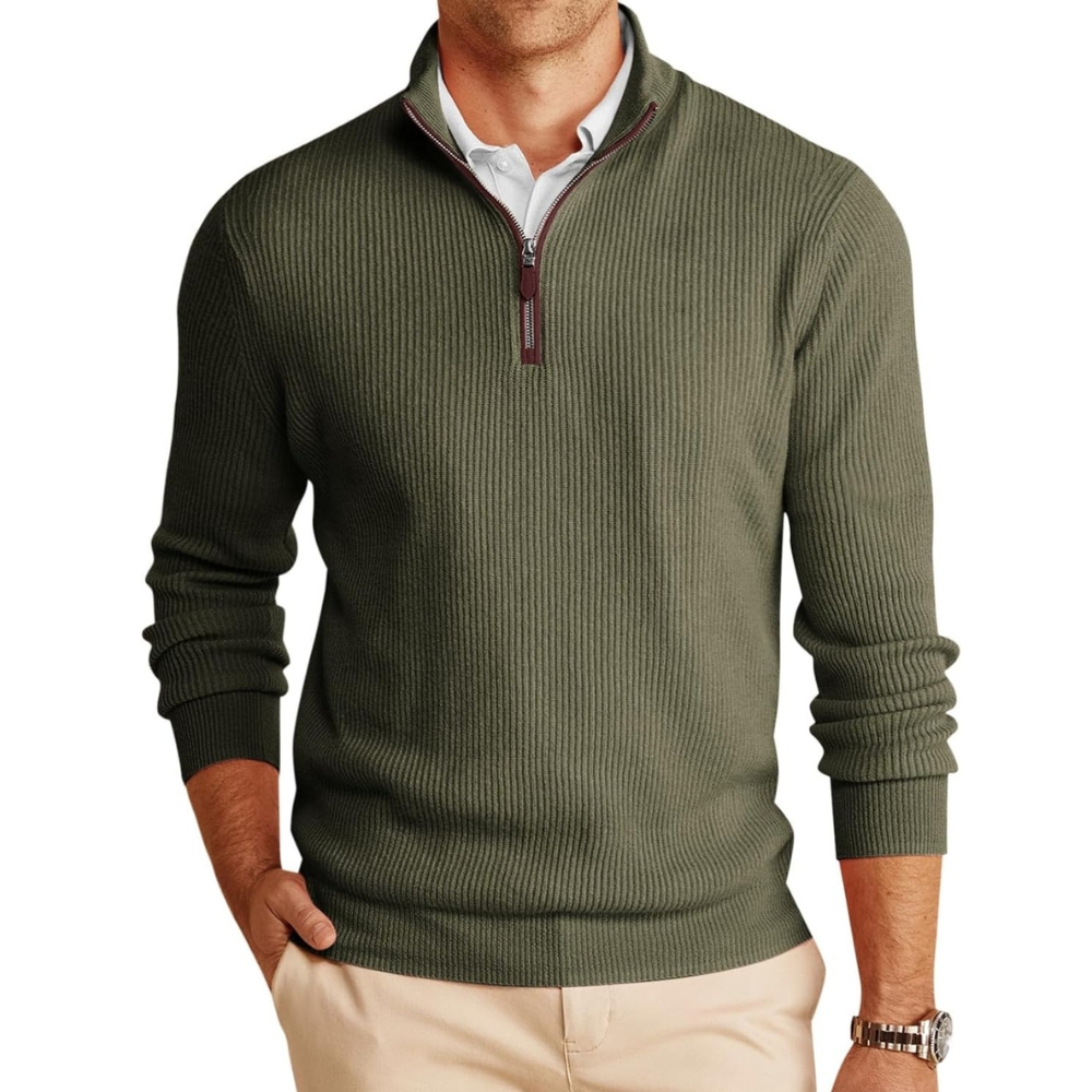 Mens Quarter-Zip Pullover Sweater Casual Mock Neck Warm Ribbed Polo Sweaters