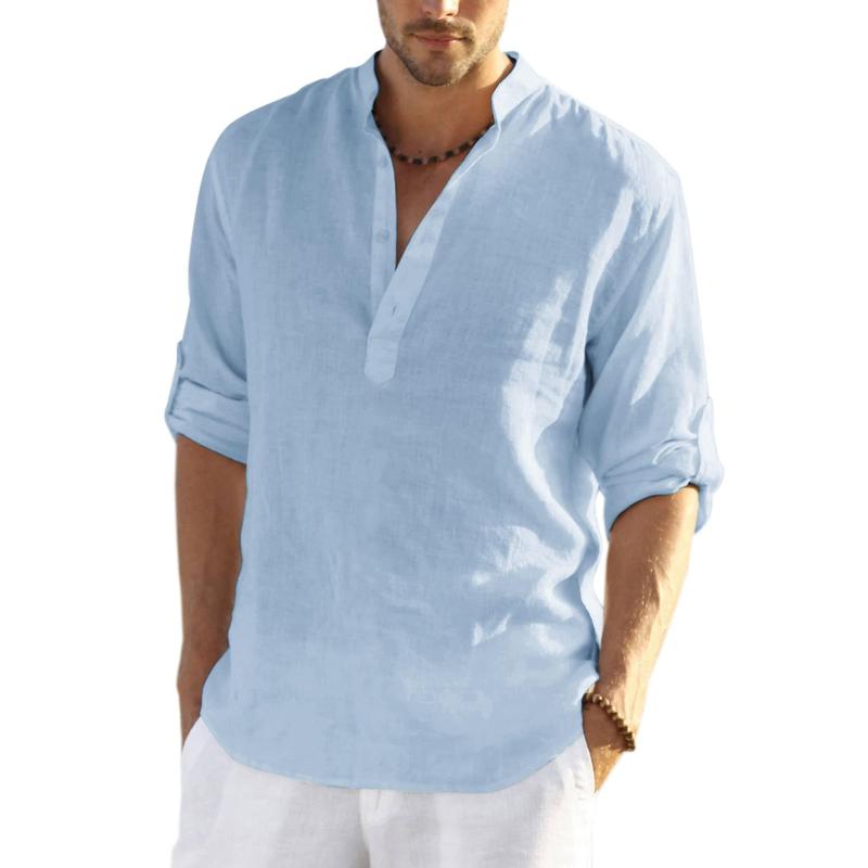 Casual Stand Collar Long Roll Up Sleeve Button Down Shirt For Men