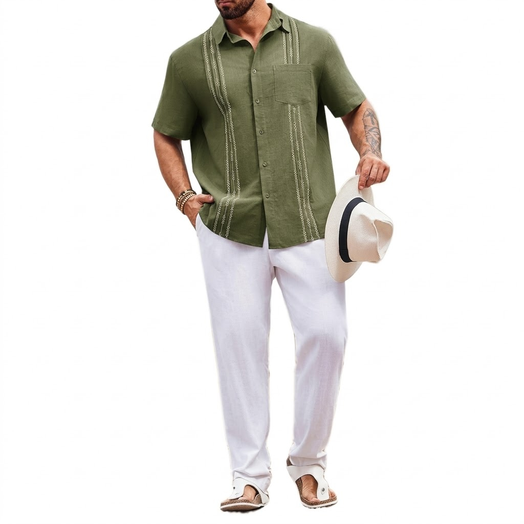 Embroidered Cuban Button Down Short Sleeve Shirt For Men