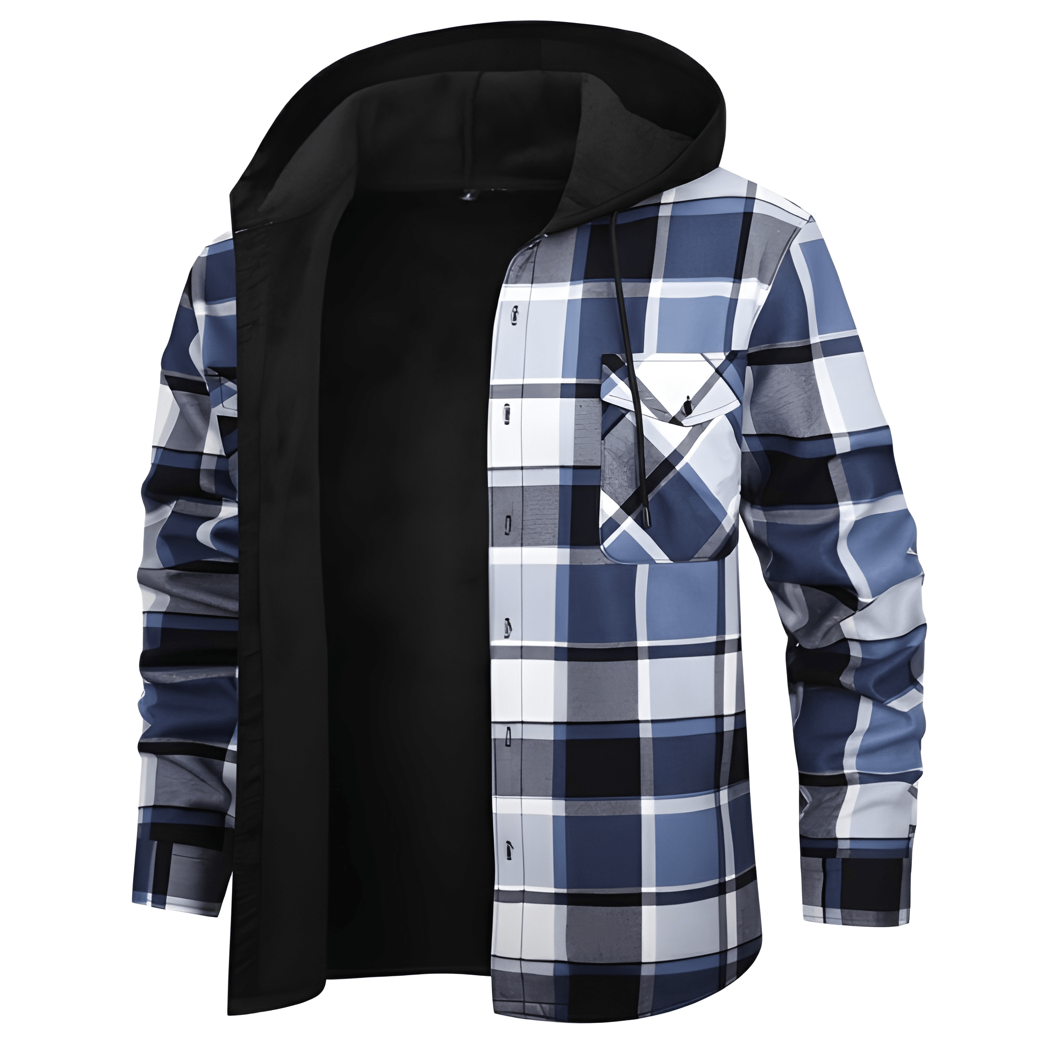 Thermal Lined Fleece Jacket With Hood And Plaid Design For Men