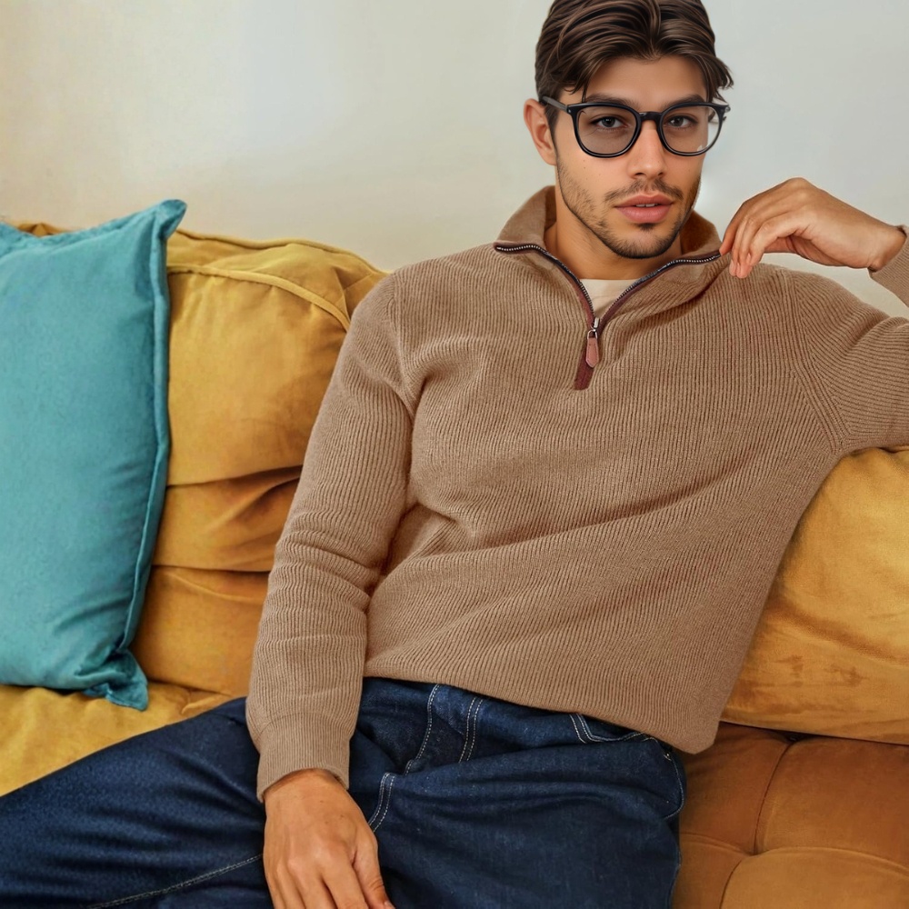 Mens Quarter-Zip Pullover Sweater Casual Mock Neck Warm Ribbed Polo Sweaters