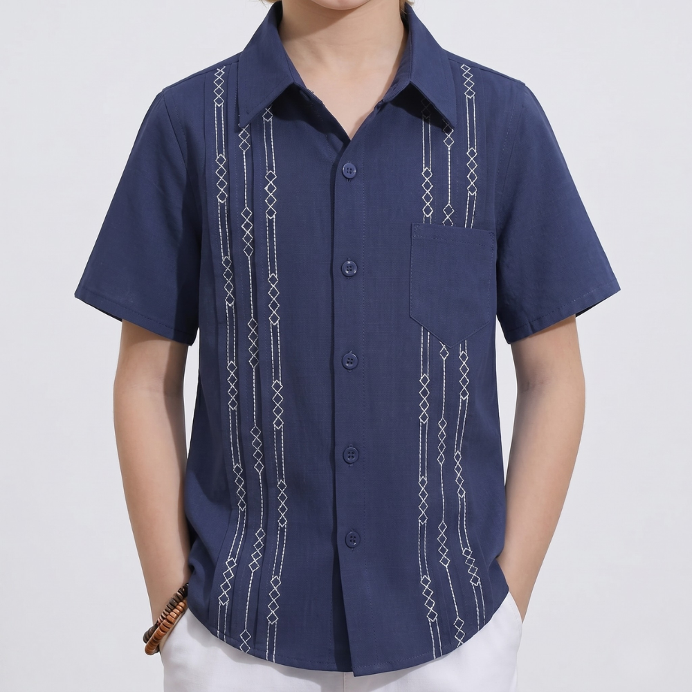 Summer Beach Shirt With Guayabera Design And Pocket For Boys