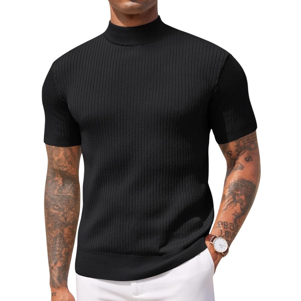 Men's Mock Turtleneck Sweater Short Sleeve Casual Basic Tops Ribbed Knit Pullover Solid Tee