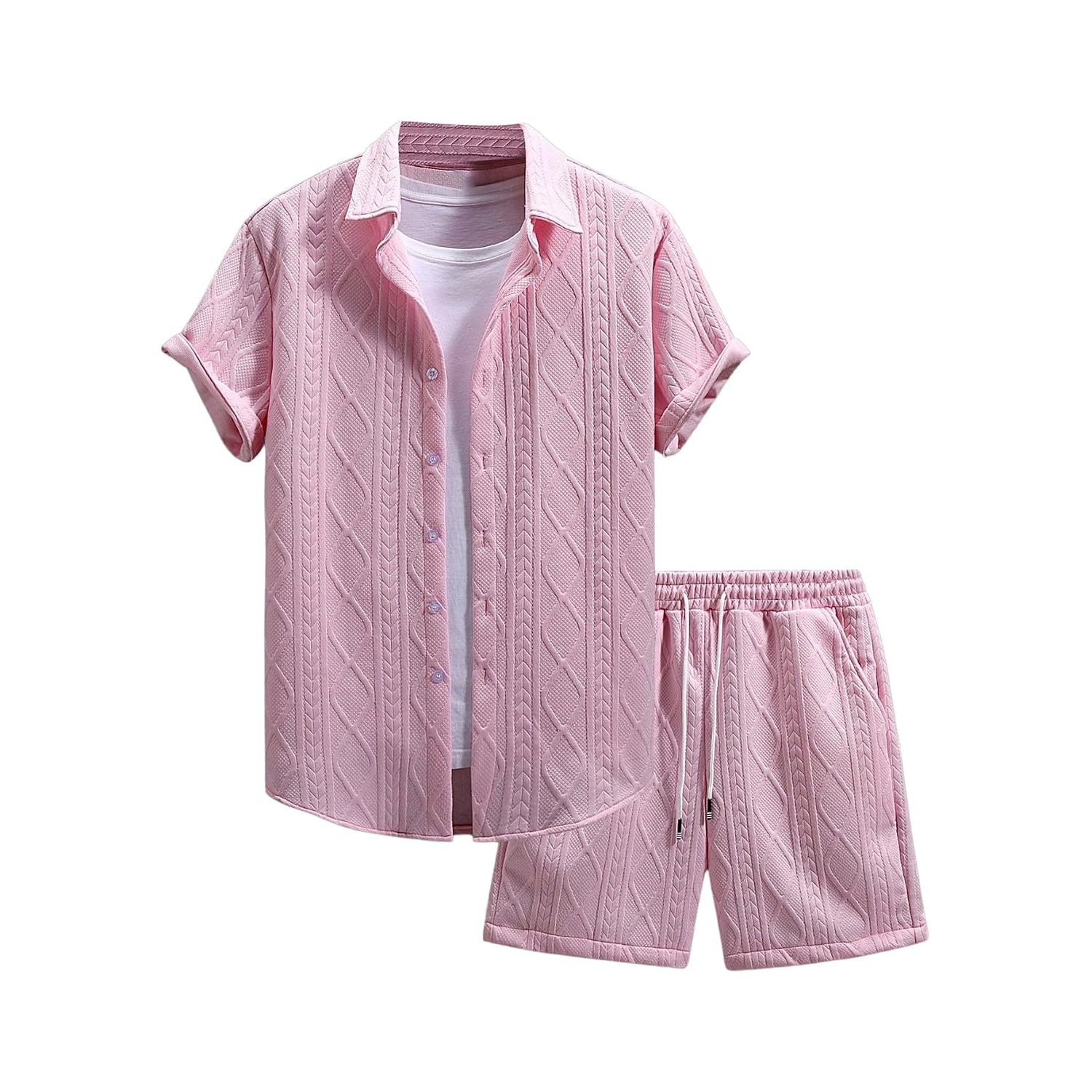 Waffle Knit Button Down Shirt and Shorts Set For Men