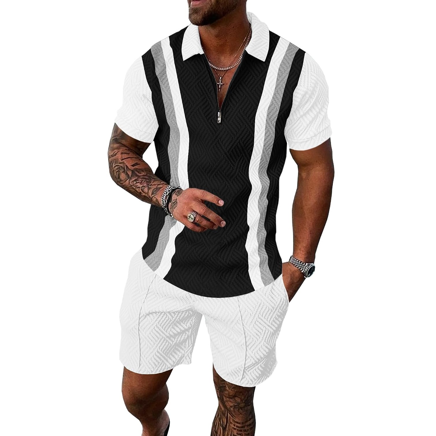 Summer Track Short Sleeve Suit Set With Zip For Men