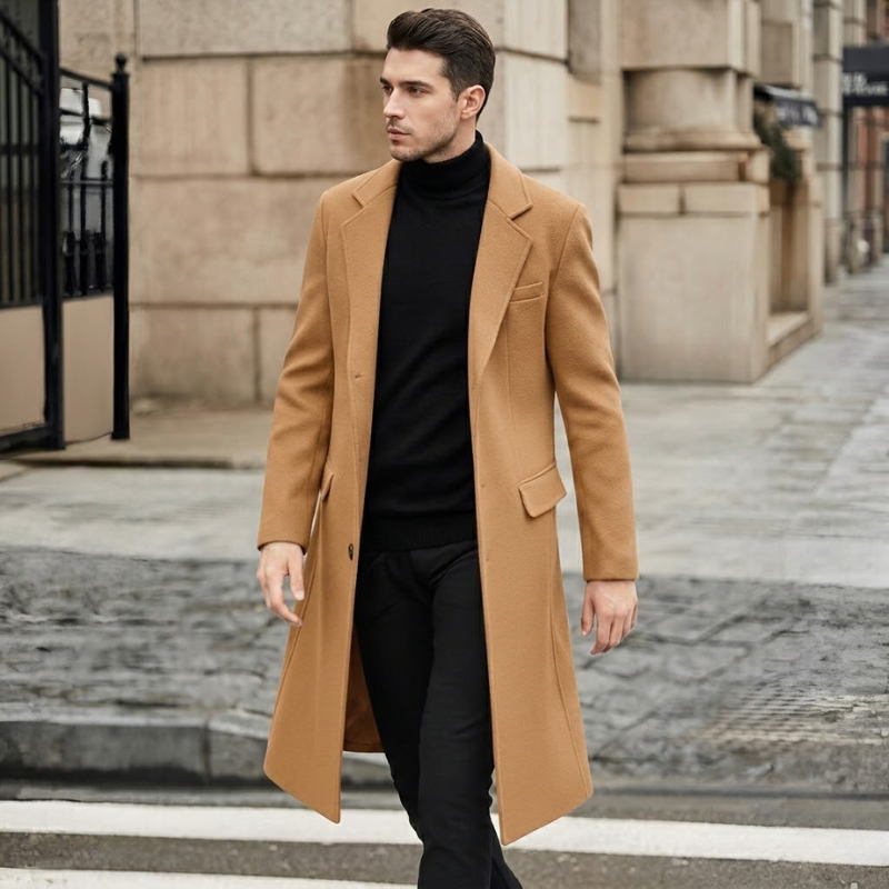 Classic Long Business Trench Coat With Pockets For Men