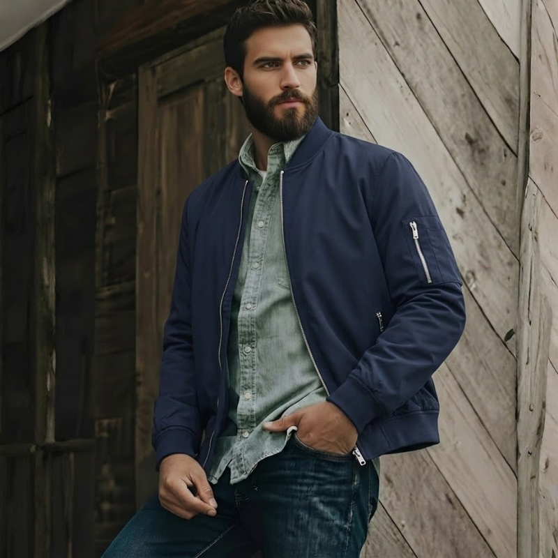 Lightweight Zip Up Bomber Jacket With Utility Pocket For Men