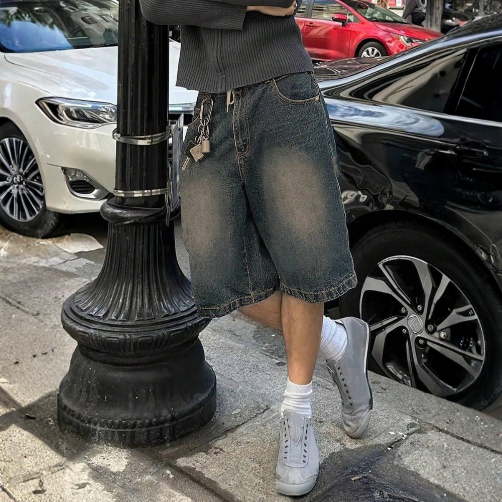 Loose Wide Denim Bermuda Shorts For Men