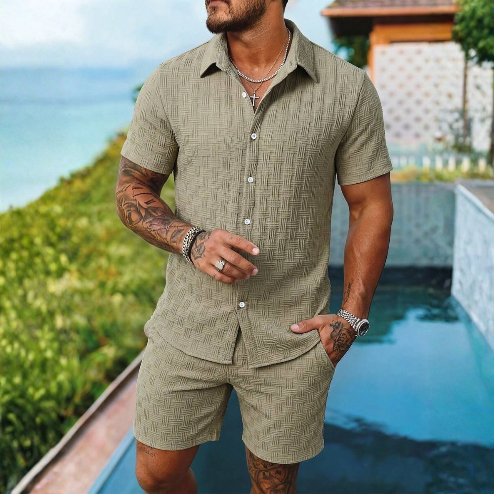 Button Up Shirt And Shorts Set For Men