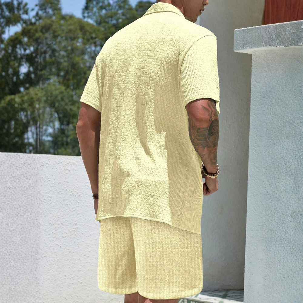2 Piece Of European Style Jacquard Short Sleeve Shirt And Pants Outfit Set For Men