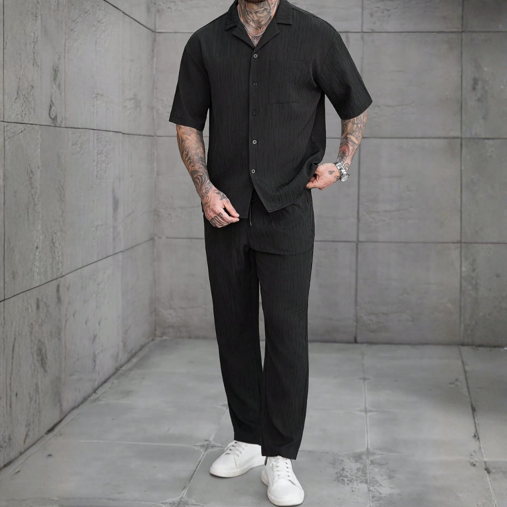 Linen Short Sleeve Ruffle Tape Shirt And Drawstring Pants For Men