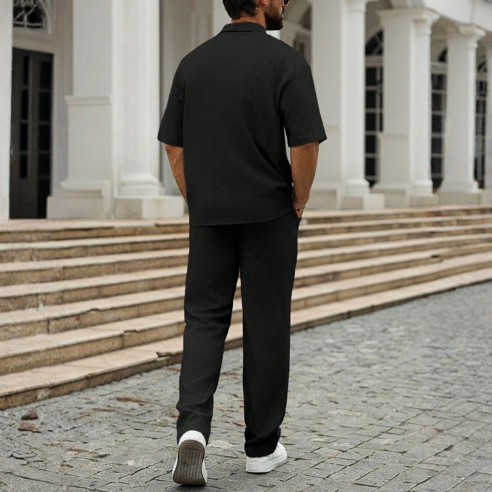 Linen Short Sleeve Ruffle Tape Shirt And Drawstring Pants For Men