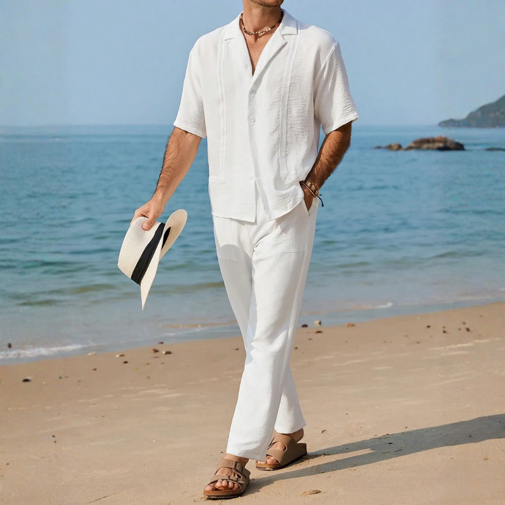 Linen Short Sleeve Ruffle Tape Shirt And Drawstring Pants For Men