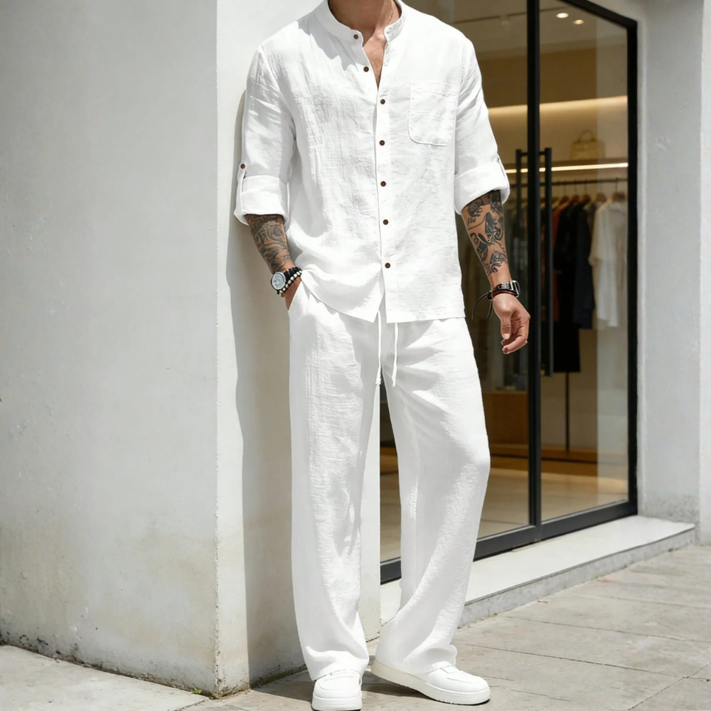 Lightweight Loose Long Sleeve Button Up Shirt And Straight Pants For Men