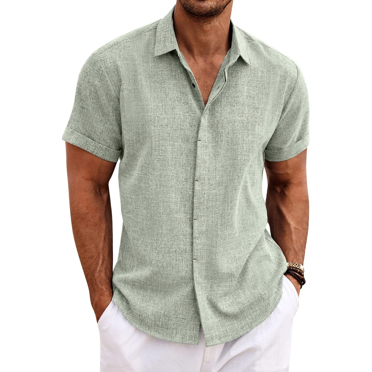 Casual Short Sleeve Linen Button Up Beach Shirt