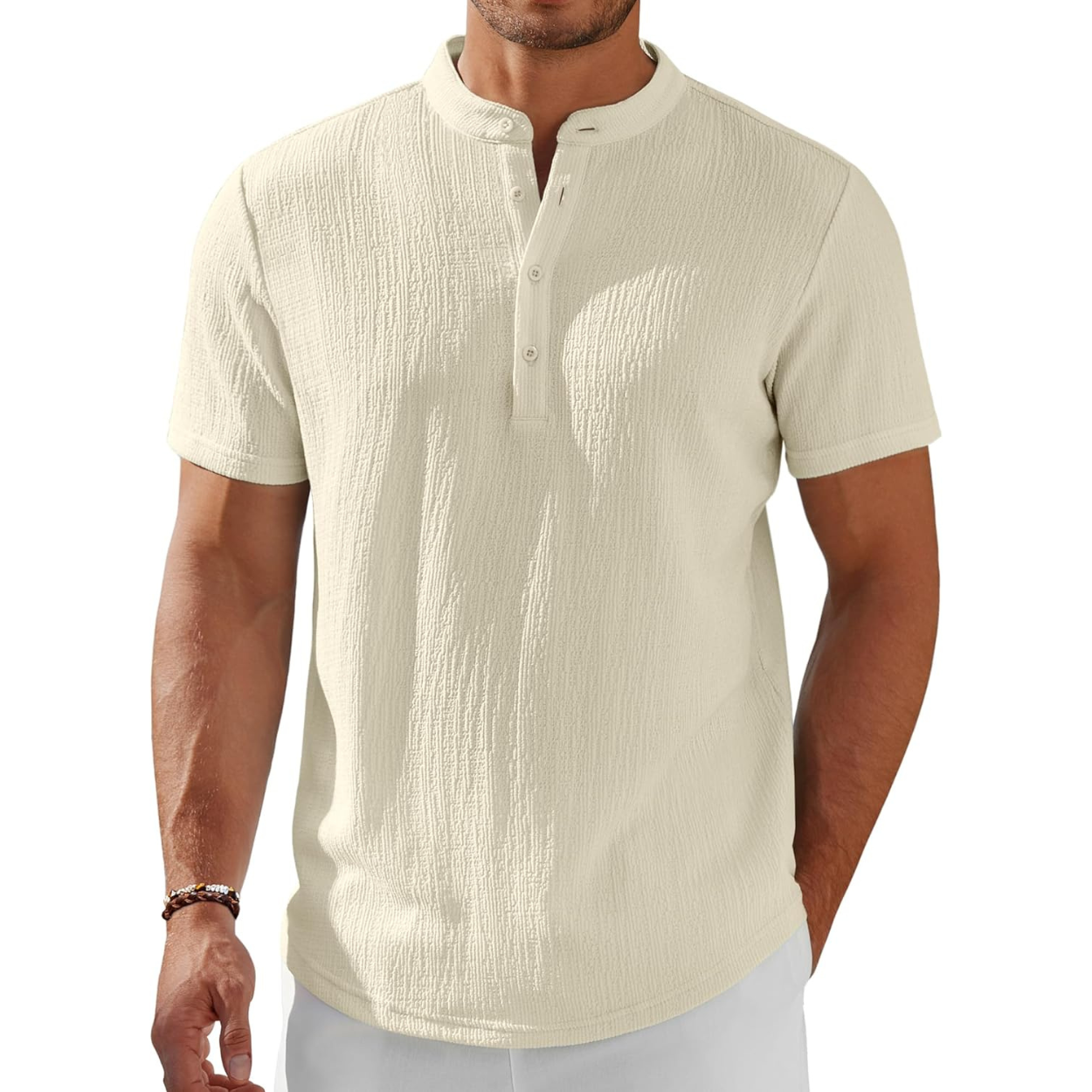 Short Sleeve Stand Collar Casual Beach Shirt For Men