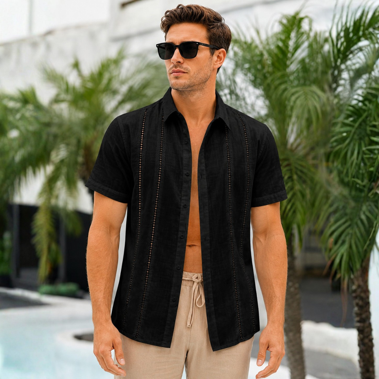 Men Casual Guayabera Embroidered Button Down Shirt