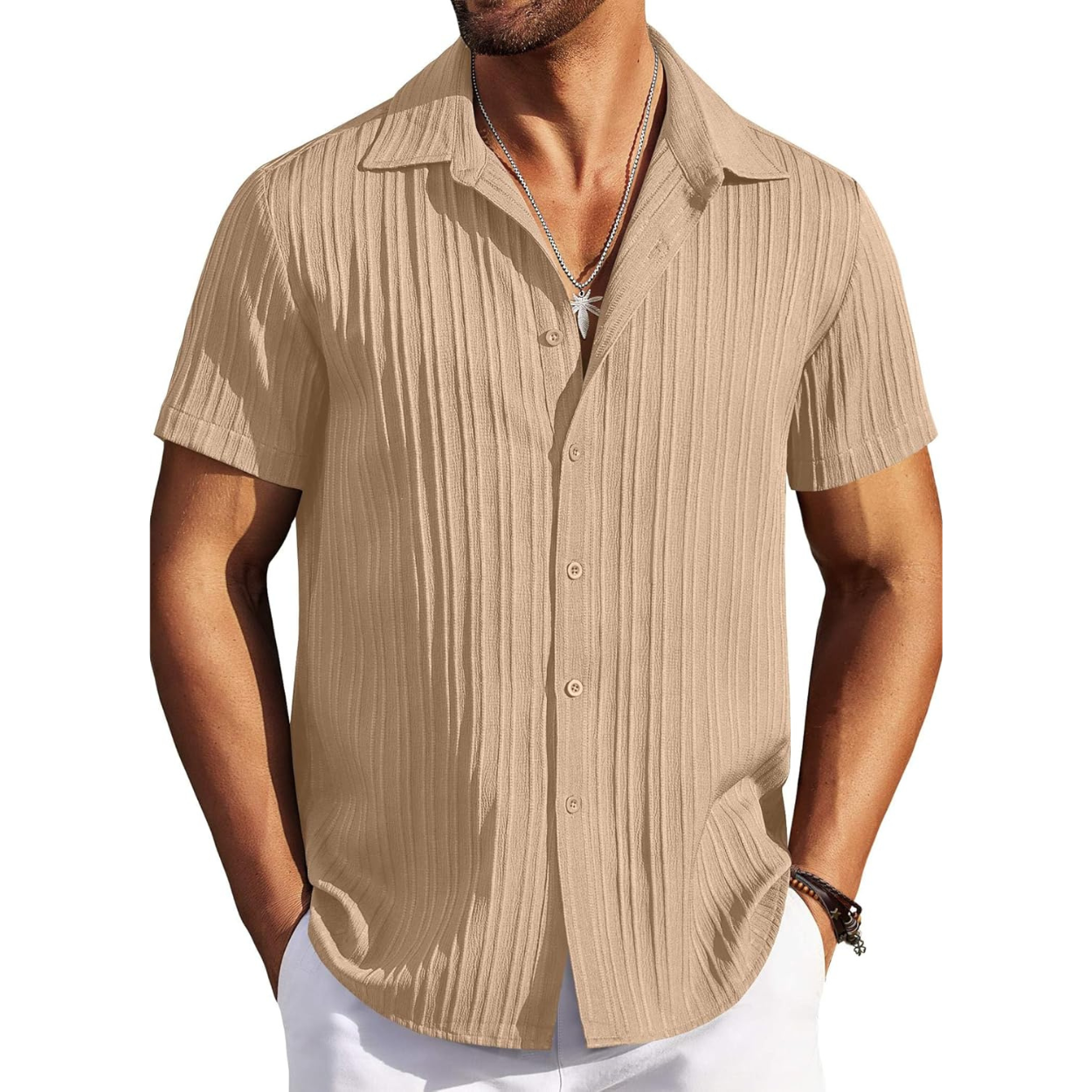 Casual Short Sleeve Textured Button Down Summer Beach Shirt For Men 