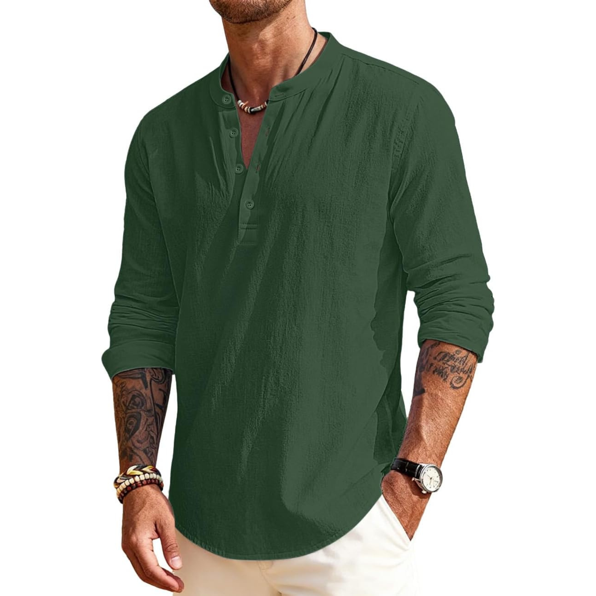 Linen Henley Long Sleeve Casual Beach Shirts