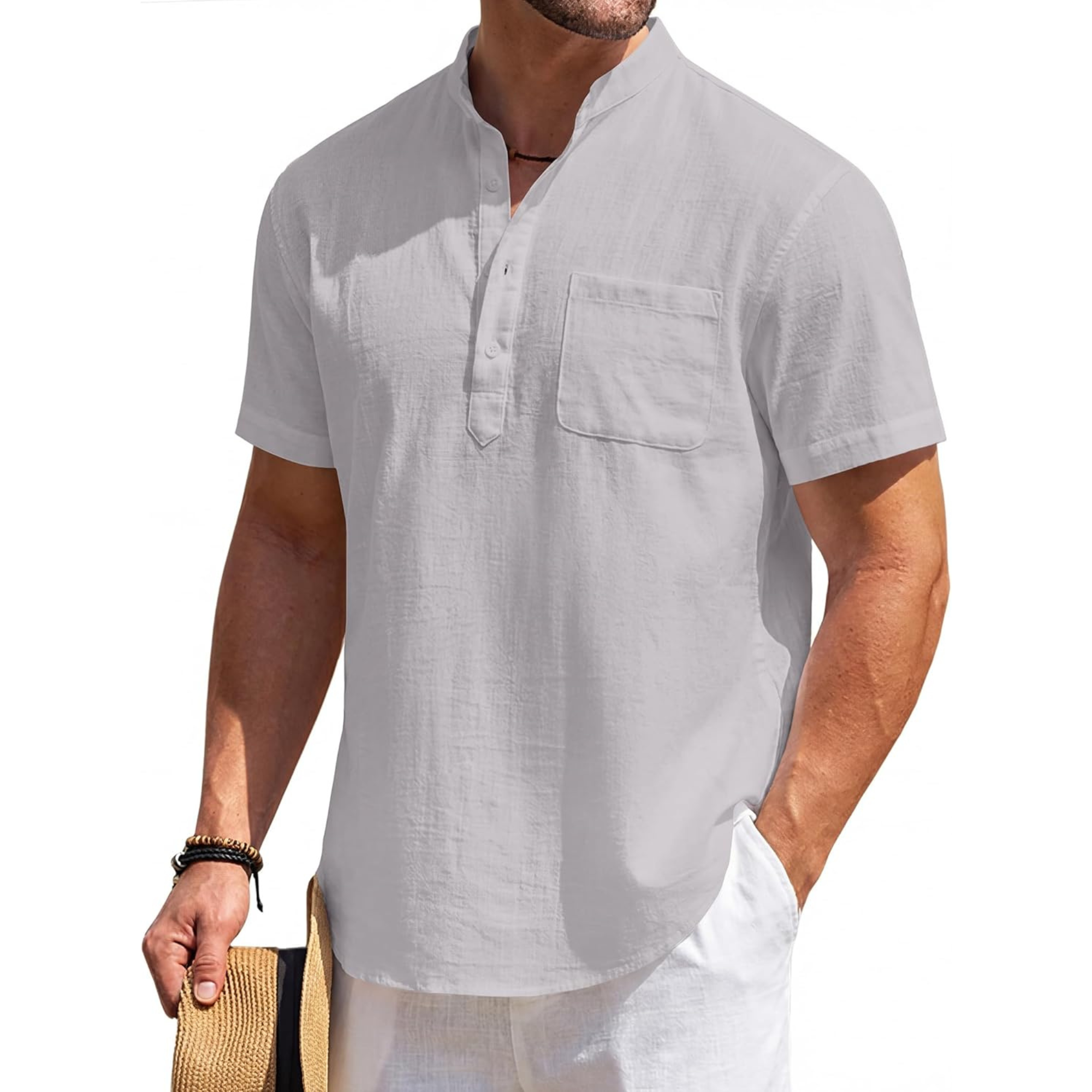 Casual Linen Henley Beach Shirt With Pocket