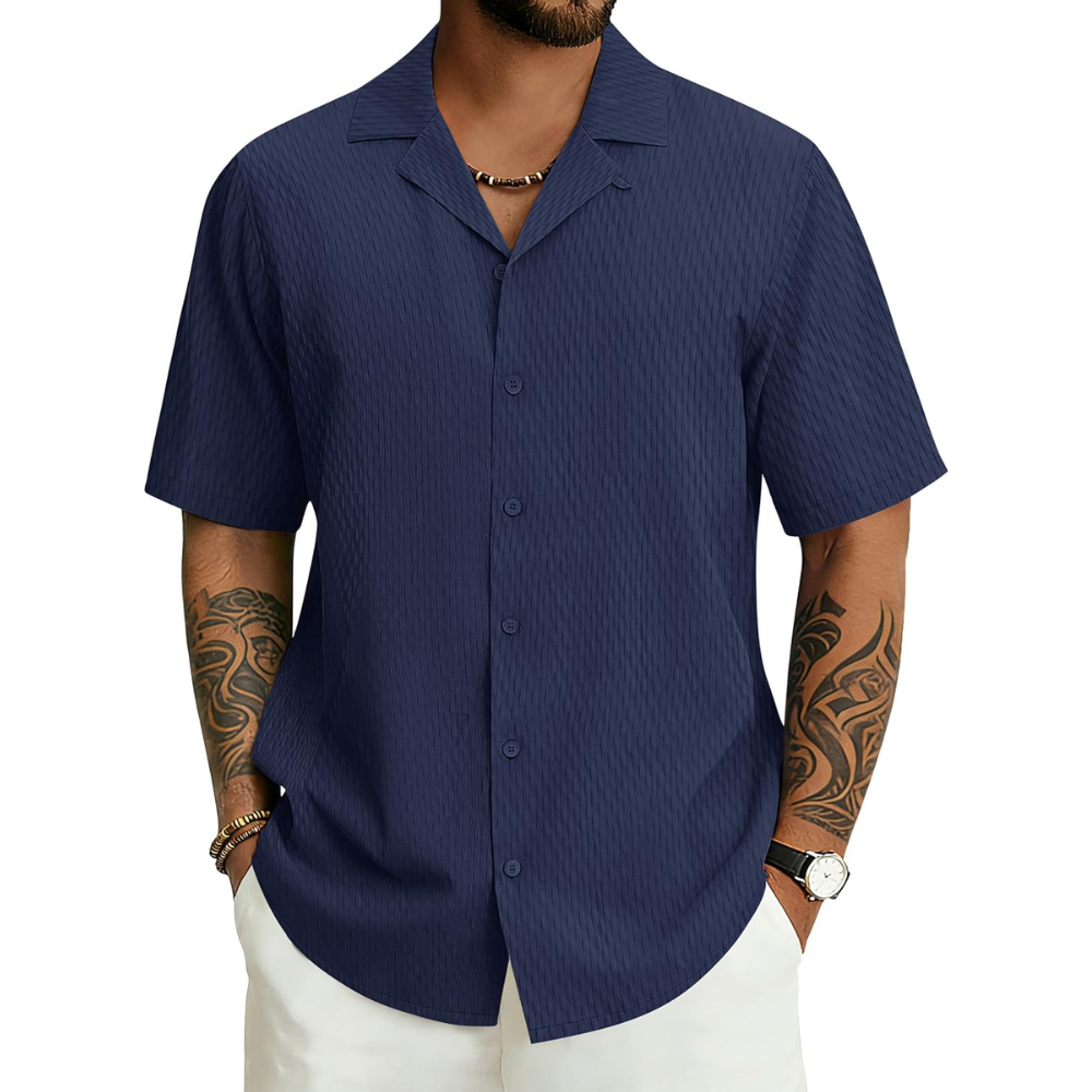 Casual Textured Cuban Beach Button Down Shirt