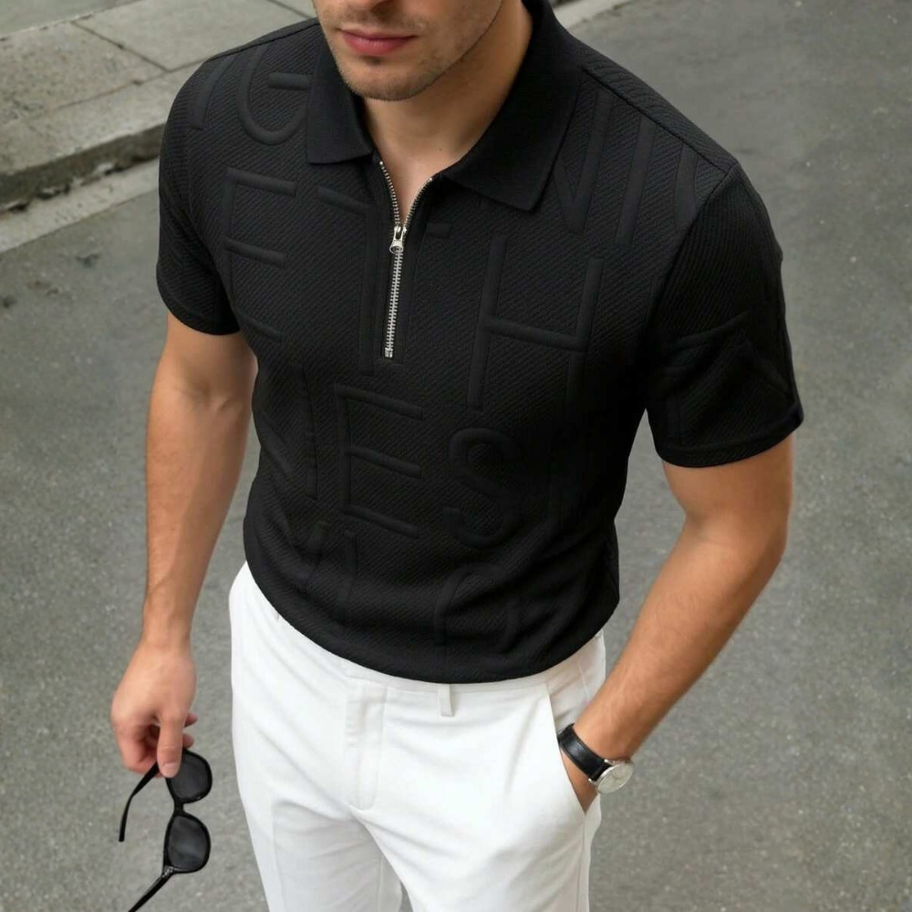 Summer Jacquard Half Zip Contrast Collar Polo Shirt