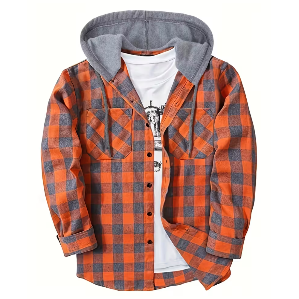 Checkered Button Front Jacket With Hood For Men