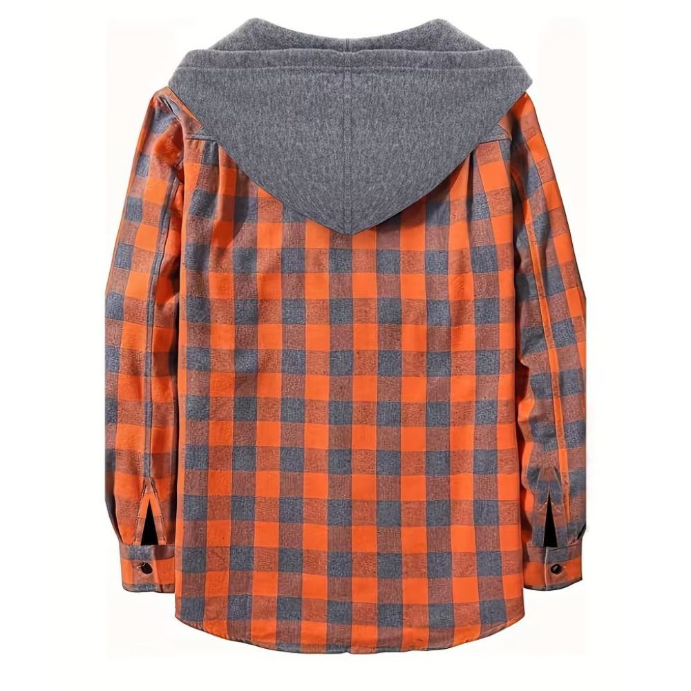 Plaid Hooded Jacket With Button Front And Long Sleeves