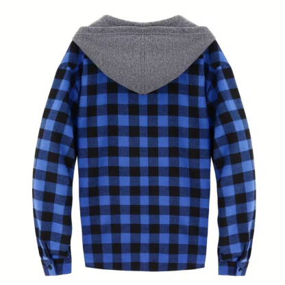 Plaid Hooded Jacket With Button Front And Long Sleeves