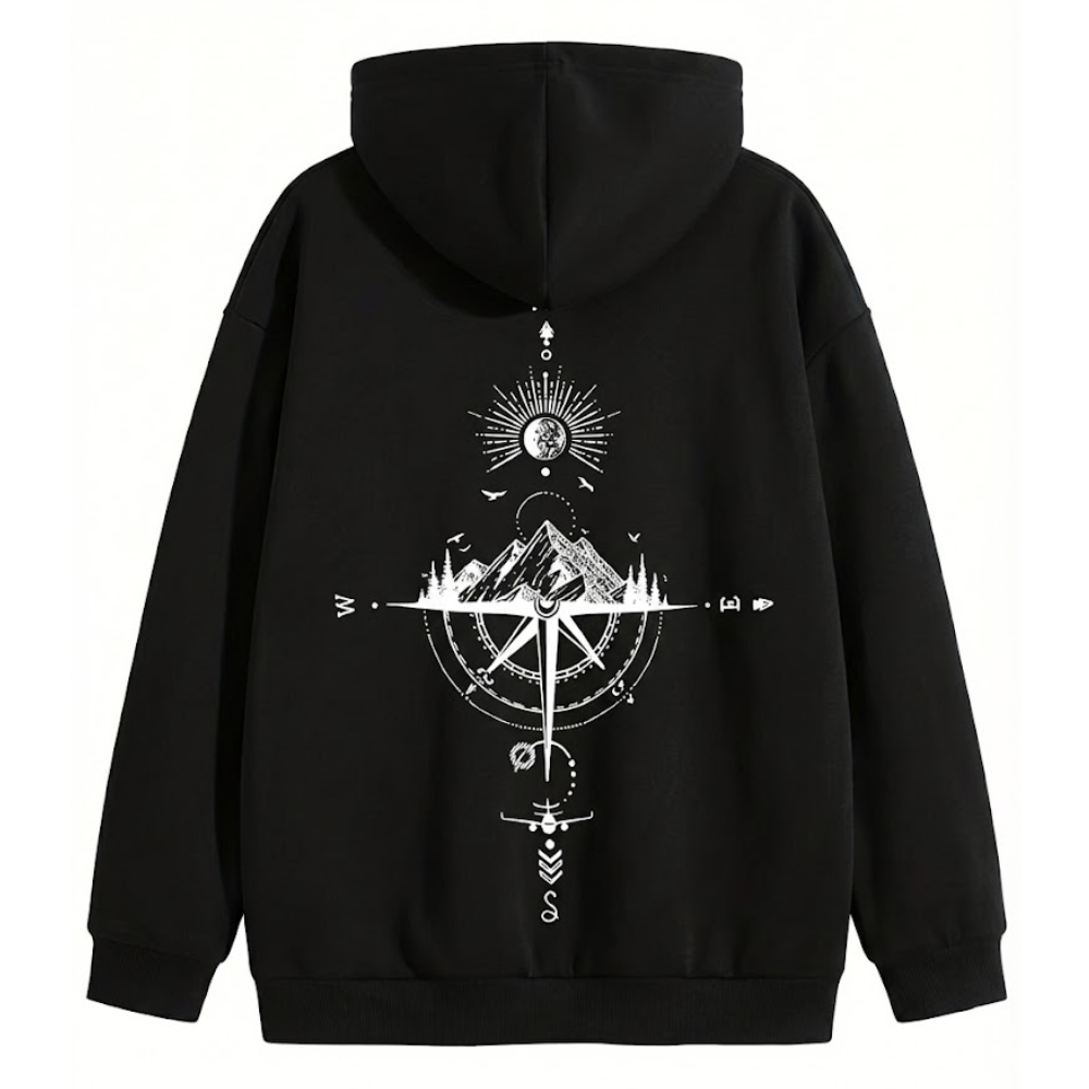 Loose Fit Winter Hoodie With Galaxy And Mountain Graphic Print For Men