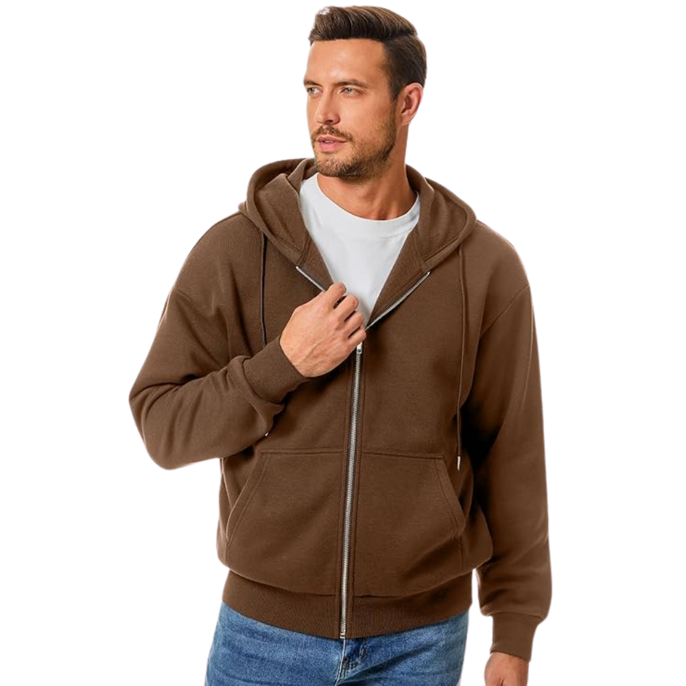 Men’s Full Zip Cotton Fleece Hoodie With Drawstring And Kangaroo Pocket