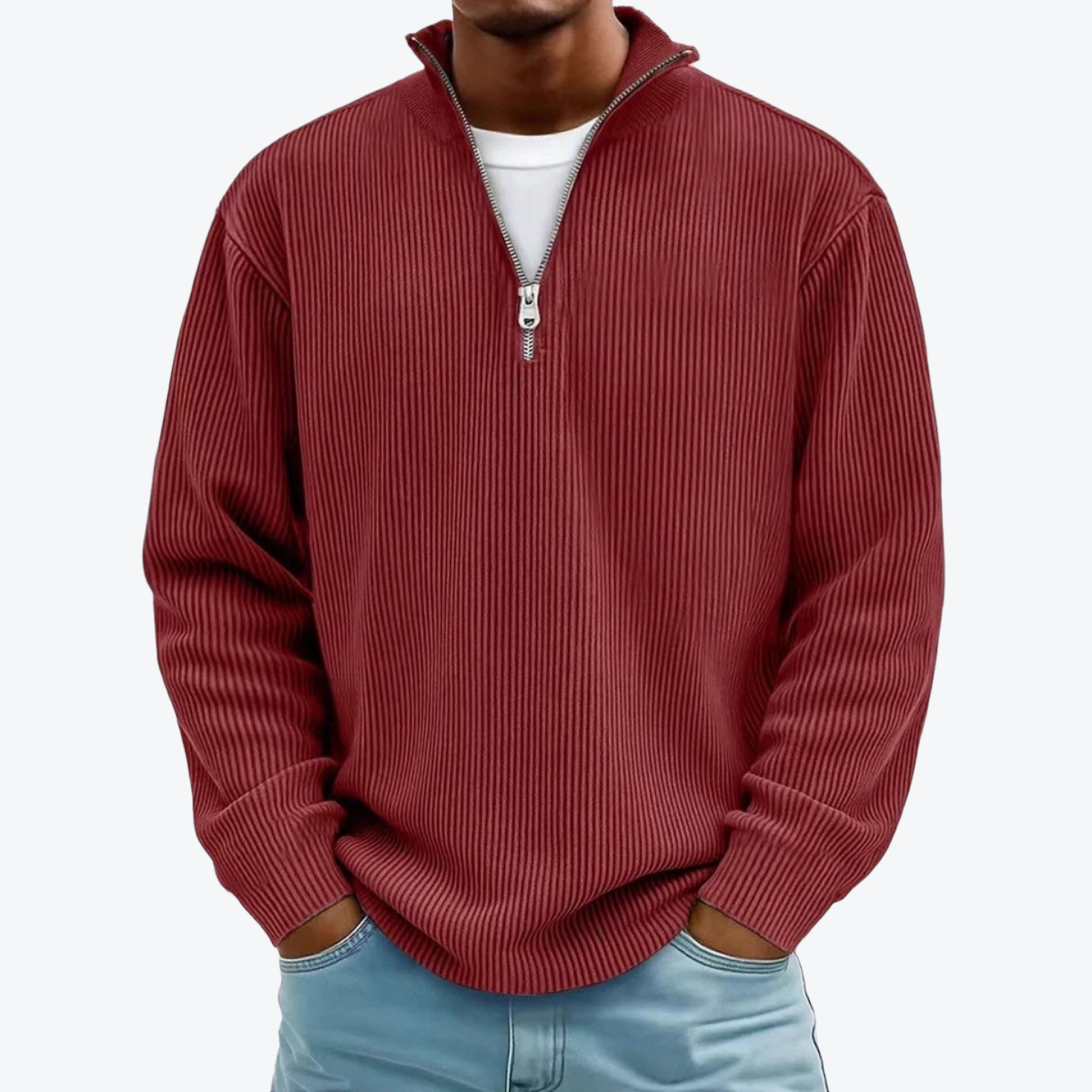 Men Corduroy Zipper Stand Collar Sweatshirt