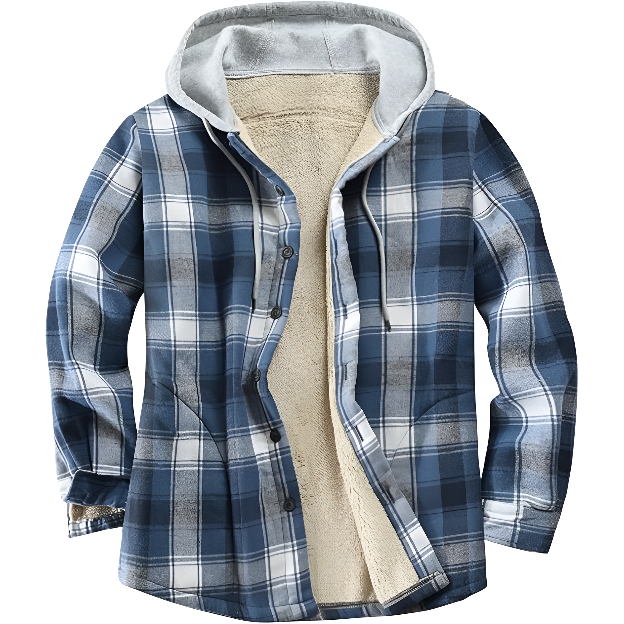 Men's Cotton Plaid Shirts Jacket Fleece Lined Flannel Shirts Sherpa Button Down Jackets with Hood for Men