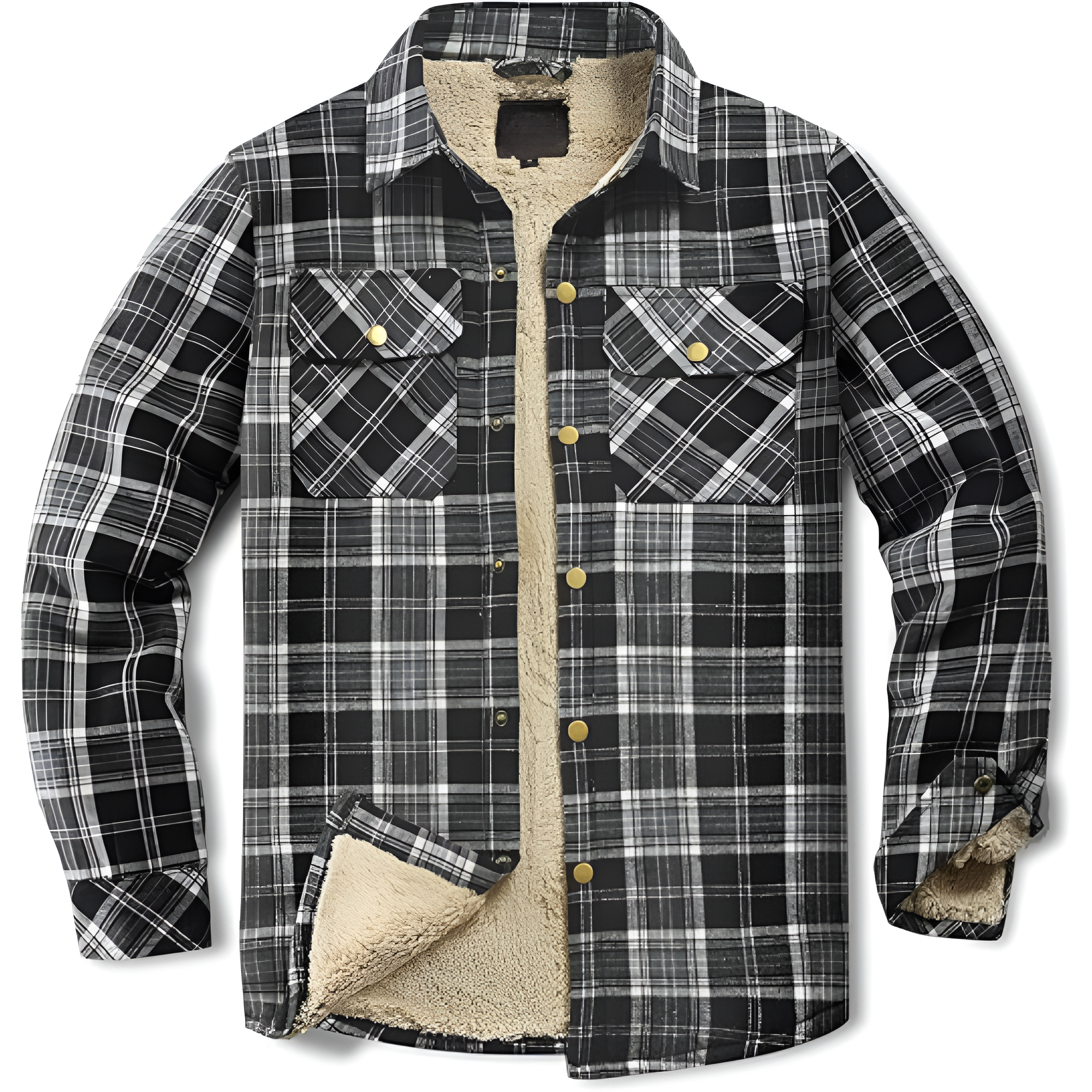 Men's Sherpa Lined Cotton Flannel Shirt Jacket Plaid Button Up Jacket Coat for Men with Pocket