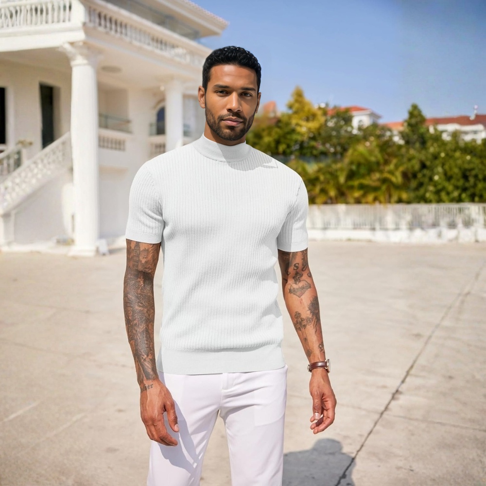 Men's Mock Turtleneck Sweater Short Sleeve Casual Basic Tops Ribbed Knit Pullover Solid Tee