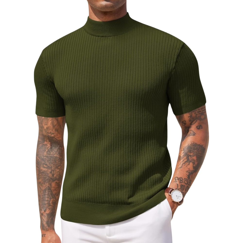 Men's Mock Turtleneck Sweater Short Sleeve Casual Basic Tops Ribbed Knit Pullover Solid Tee