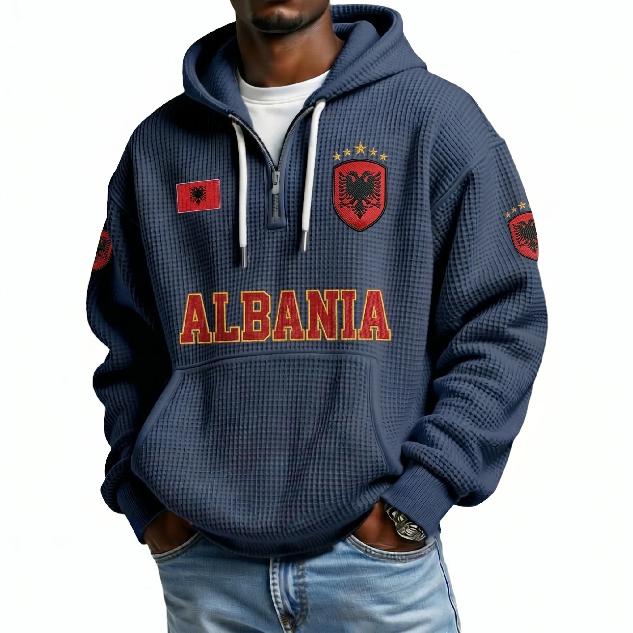 Albania Printed Waffle Quarter Zip Football Fan Hoodie
