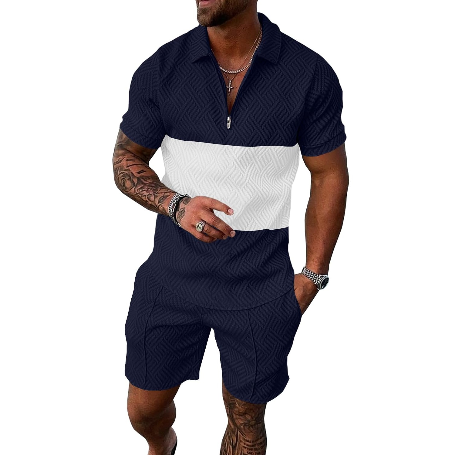 Summer Track Short Sleeve Suit Set With Zip For Men